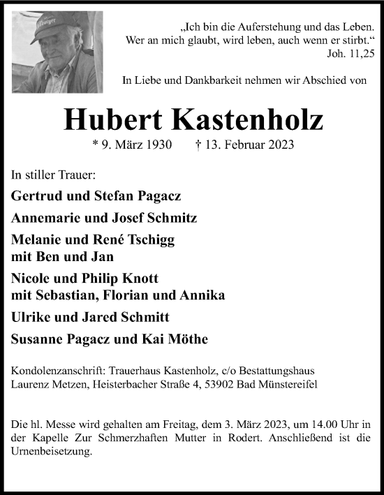 Anzeige von Hubert Kastenholz von Kölner Stadt-Anzeiger / Kölnische Rundschau / Express