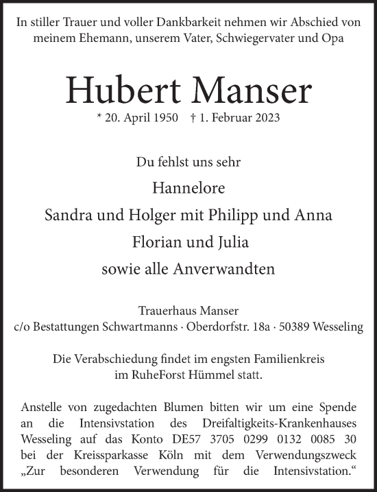 Anzeige von Hubert Manser von  Schlossbote/Werbekurier 