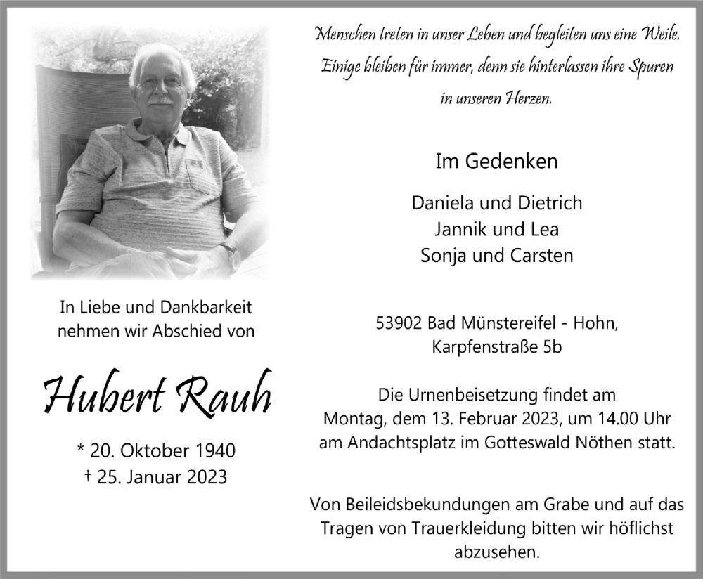 Traueranzeige für Hubert Rauh vom 04.02.2023 aus  Blickpunkt Euskirchen 
