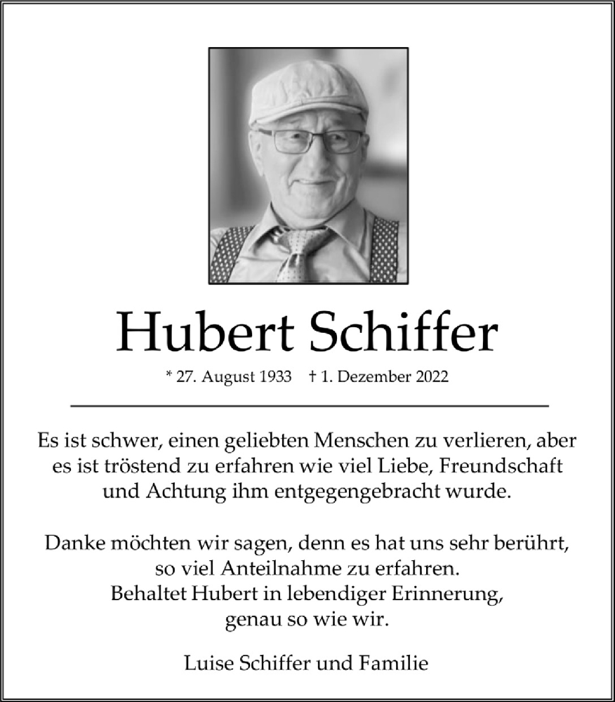  Traueranzeige für Hubert Schiffer vom 17.02.2023 aus  Werbepost 