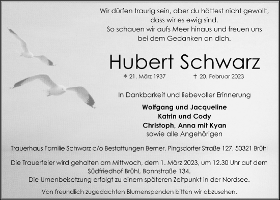 Anzeige von Hubert Schwarz von  Schlossbote/Werbekurier 