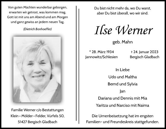 Anzeige von Ilse Werner von Kölner Stadt-Anzeiger / Kölnische Rundschau / Express
