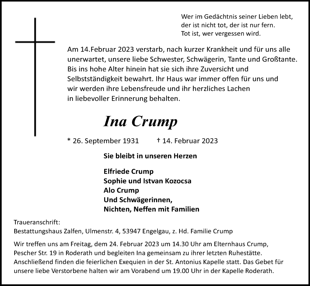  Traueranzeige für Ina Crump vom 18.02.2023 aus Kölner Stadt-Anzeiger / Kölnische Rundschau / Express