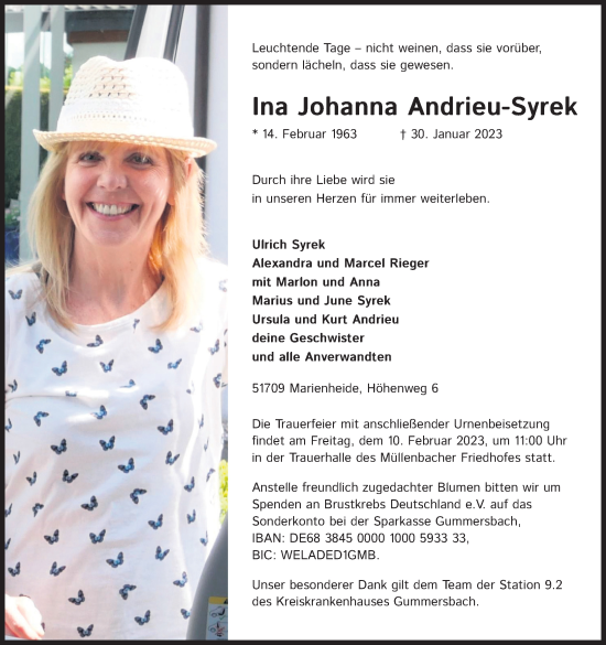 Anzeige von Ina Johanna Andrieu-Syrek von Kölner Stadt-Anzeiger / Kölnische Rundschau / Express