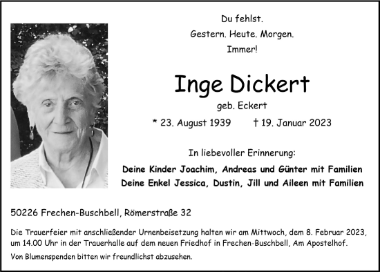 Anzeige von Inge Dickert von  Wochenende 