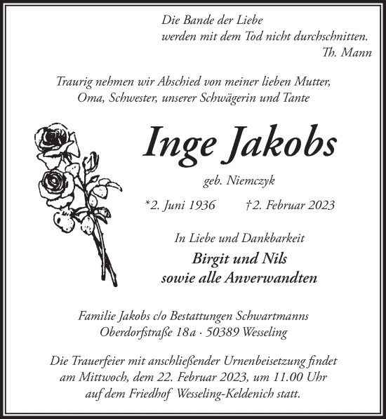 Anzeige von Inge Jakobs von  Schlossbote/Werbekurier 