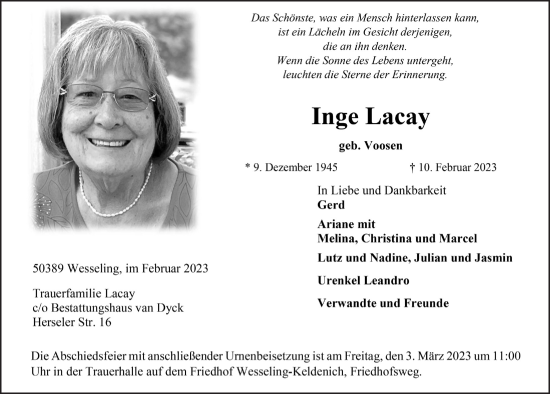 Anzeige von Inge Lacay von  Schlossbote/Werbekurier 