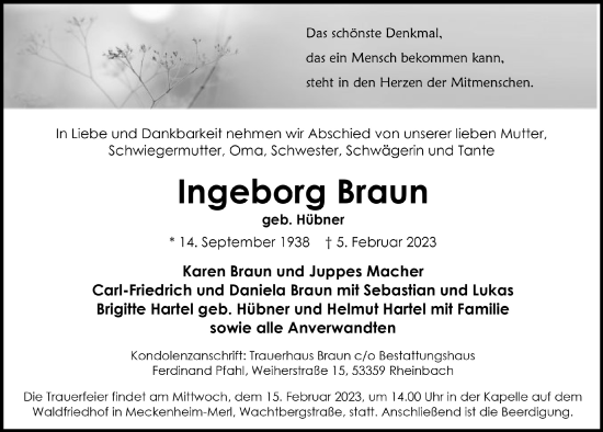 Anzeige von Ingeborg Braun von  Schaufenster/Blickpunkt 