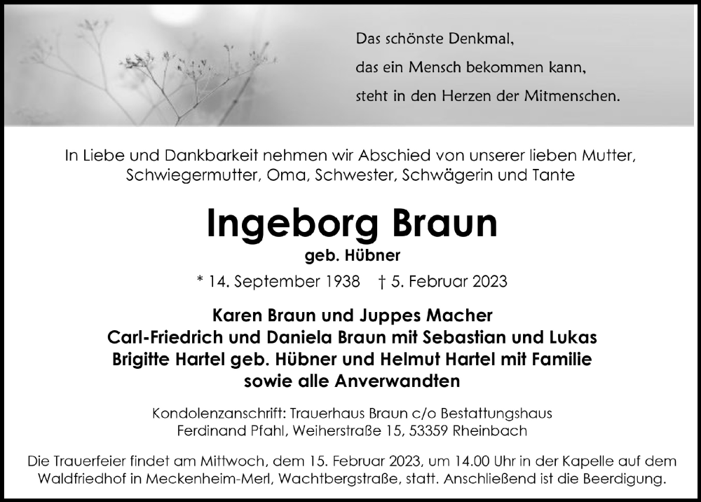  Traueranzeige für Ingeborg Braun vom 10.02.2023 aus  Schaufenster/Blickpunkt 