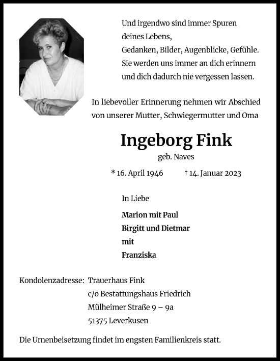 Anzeige von Ingeborg Fink von Kölner Stadt-Anzeiger / Kölnische Rundschau / Express