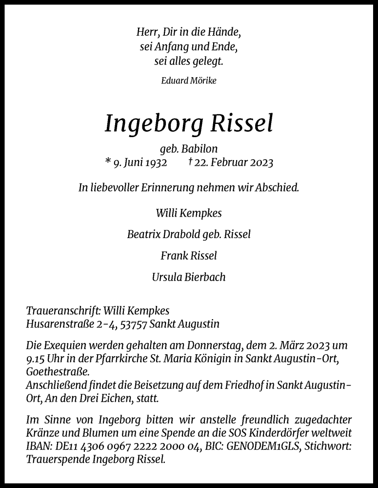  Traueranzeige für Ingeborg Rissel vom 25.02.2023 aus Kölner Stadt-Anzeiger / Kölnische Rundschau / Express