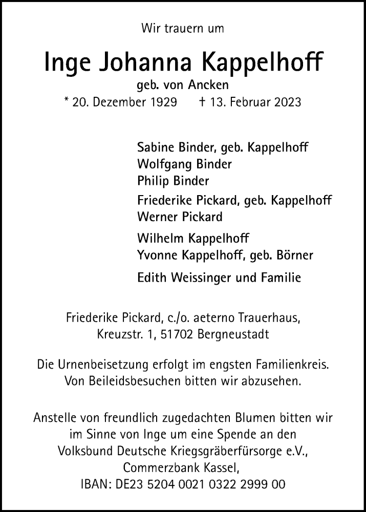 Traueranzeige für Inge Johanna Kappelhoff vom 18.02.2023 aus Kölner Stadt-Anzeiger / Kölnische Rundschau / Express