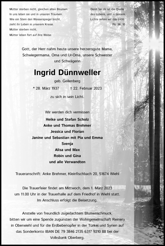 Anzeige von Ingrid Dünnweller von Kölner Stadt-Anzeiger / Kölnische Rundschau / Express