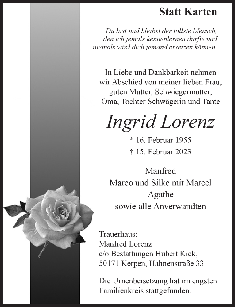 Traueranzeige für Ingrid Lorenz vom 24.02.2023 aus  Werbepost 