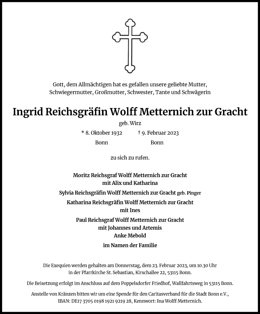  Traueranzeige für Ingrid ReichsgräfinWolffMetternich zur Gracht vom 18.02.2023 aus Kölner Stadt-Anzeiger / Kölnische Rundschau / Express