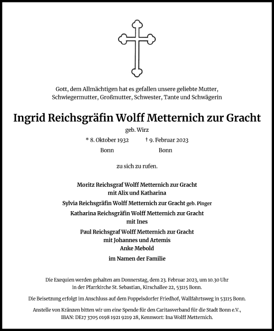 Anzeige von Ingrid ReichsgräfinWolffMetternich zur Gracht von Kölner Stadt-Anzeiger / Kölnische Rundschau / Express