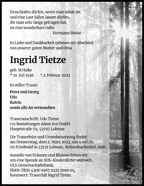 Anzeige von Ingrid Tietze von Kölner Stadt-Anzeiger / Kölnische Rundschau / Express