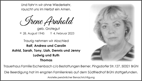 Anzeige von Irene Arnhold von  Schlossbote/Werbekurier 