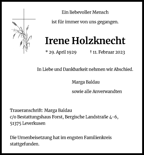 Anzeige von Irene Holzknecht von Kölner Stadt-Anzeiger / Kölnische Rundschau / Express
