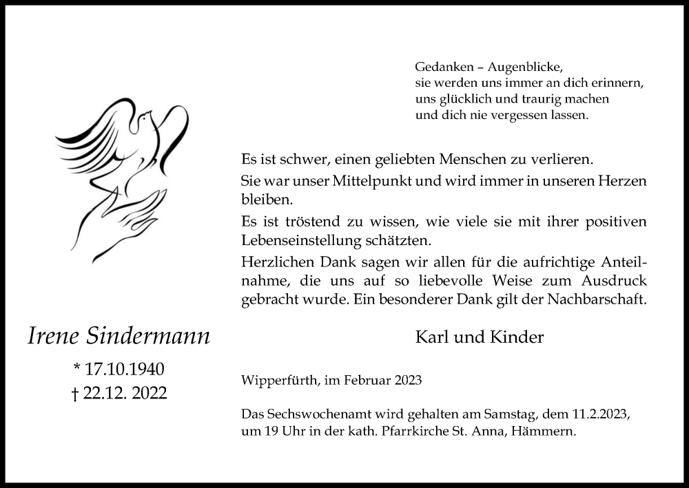  Traueranzeige für Irene Sindermann vom 04.02.2023 aus Kölner Stadt-Anzeiger / Kölnische Rundschau / Express
