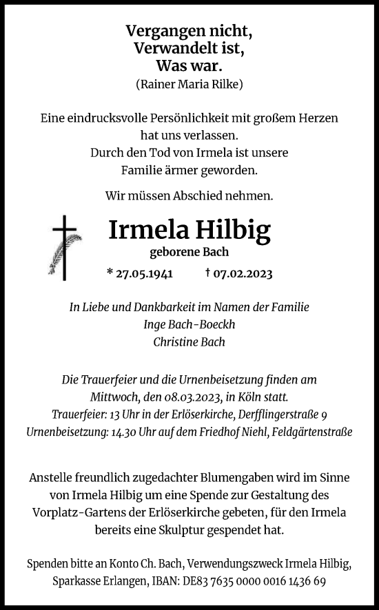 Anzeige von Irmela Hilbig von Kölner Stadt-Anzeiger / Kölnische Rundschau / Express