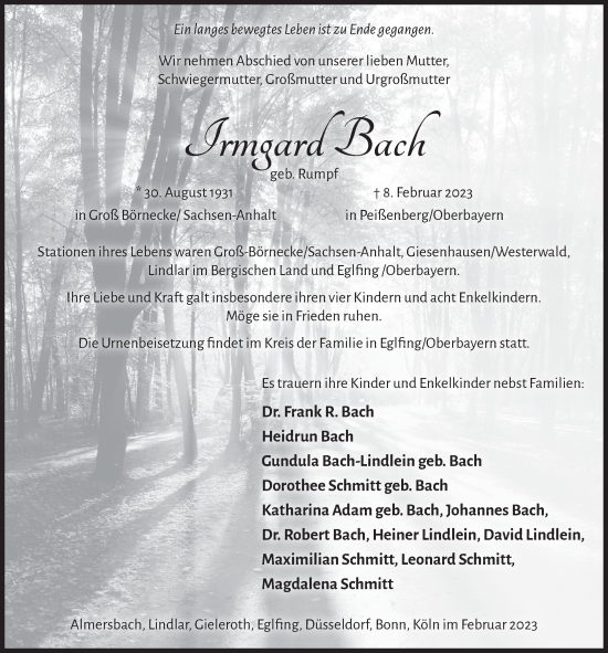 Anzeige von Irmgard Bach von  Anzeigen Echo 