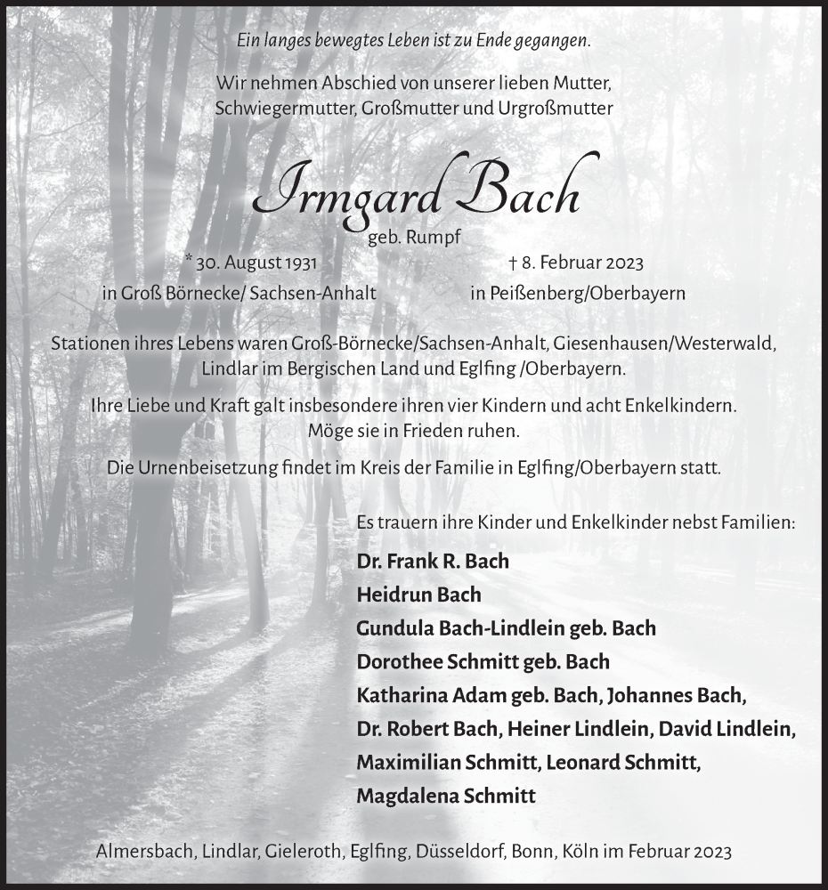  Traueranzeige für Irmgard Bach vom 17.02.2023 aus  Anzeigen Echo 