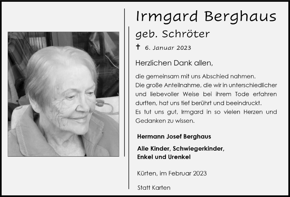  Traueranzeige für Irmgard Berghaus vom 17.02.2023 aus  Bergisches Handelsblatt 