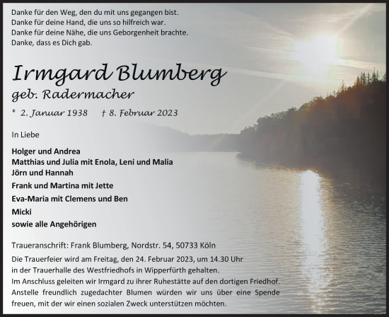 Anzeige von Irmgard Blumberg von Kölner Stadt-Anzeiger / Kölnische Rundschau / Express