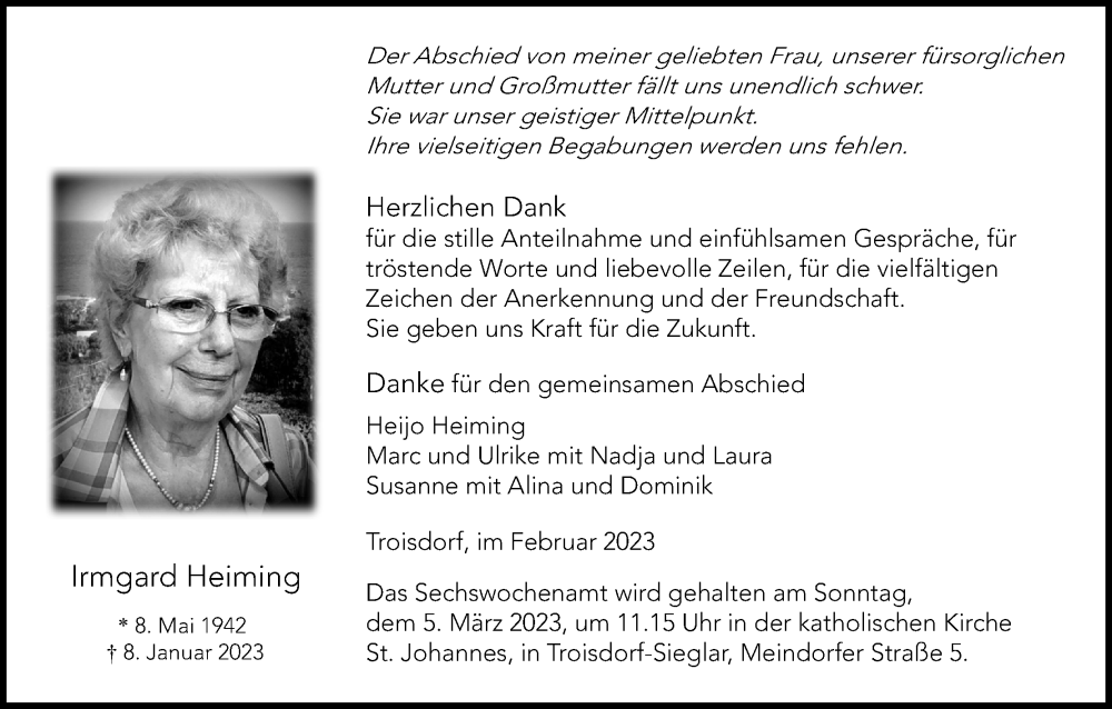  Traueranzeige für Irmgard Heiming vom 04.02.2023 aus Kölner Stadt-Anzeiger / Kölnische Rundschau / Express