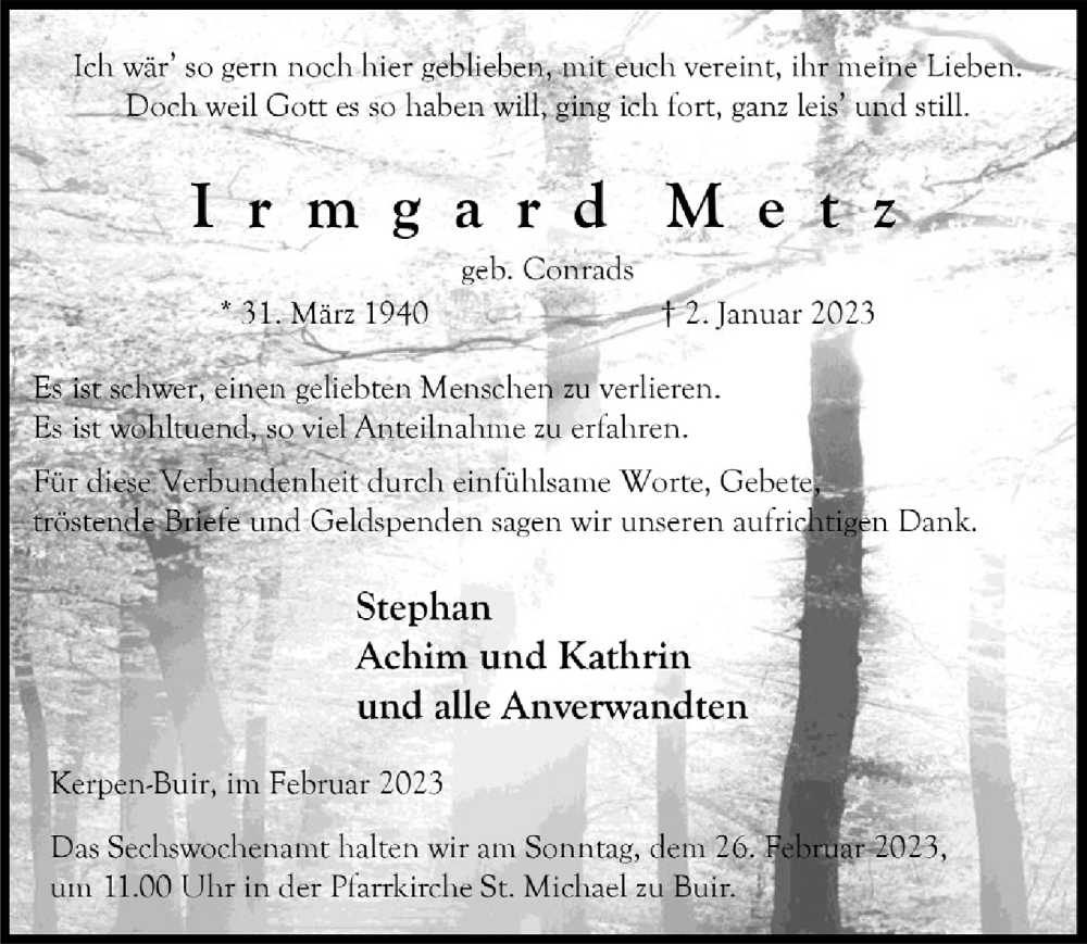  Traueranzeige für Irmgard Metz vom 17.02.2023 aus  Werbepost 