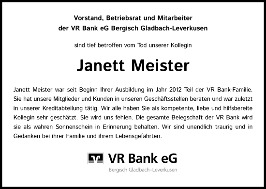 Anzeige von Janett Meister von Kölner Stadt-Anzeiger / Kölnische Rundschau / Express
