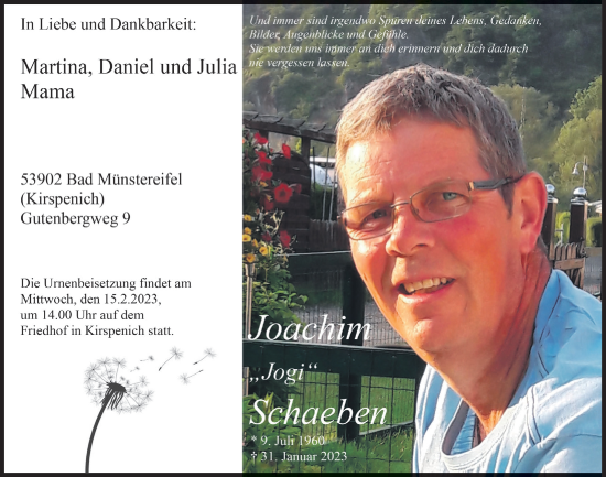 Anzeige von Joachim Schaeben von  Blickpunkt Euskirchen 