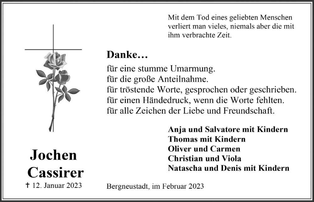  Traueranzeige für Jochen Cassirer vom 17.02.2023 aus  Anzeigen Echo 