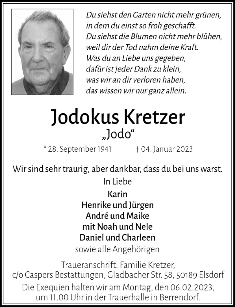  Traueranzeige für Jodokus Kretzer vom 03.02.2023 aus  Werbepost 
