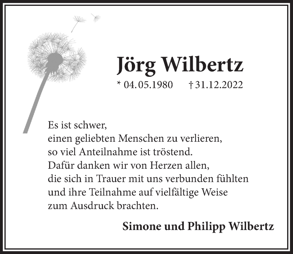  Traueranzeige für Jörg Wilbertz vom 03.02.2023 aus  Schaufenster/Blickpunkt 