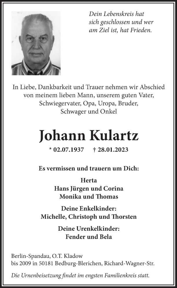  Traueranzeige für Johann Kulartz vom 10.02.2023 aus  Werbepost 