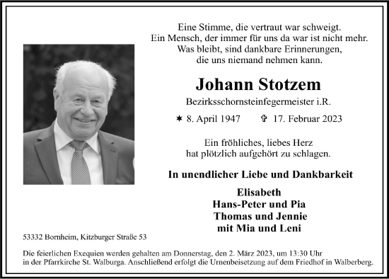 Anzeige von Johann Stotzem von  Schlossbote/Werbekurier 