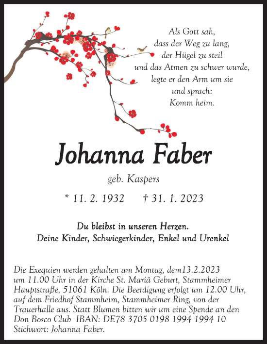 Anzeige von Johanna Faber von Kölner Stadt-Anzeiger / Kölnische Rundschau / Express