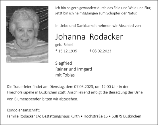 Anzeige von Johanna Rodacker von  Blickpunkt Euskirchen 
