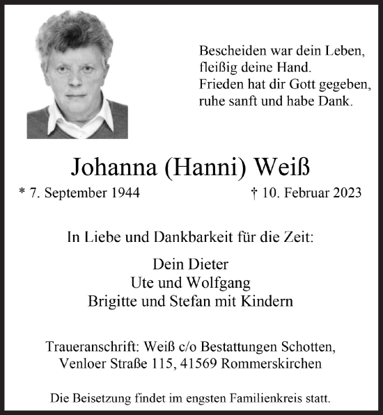 Anzeige von Johanna Weiß von  Wochenende 