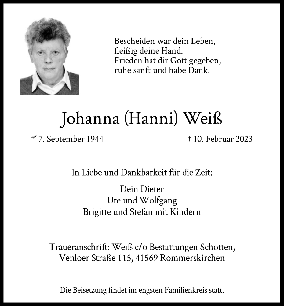  Traueranzeige für Johanna Weiß vom 25.02.2023 aus Kölner Stadt-Anzeiger / Kölnische Rundschau / Express