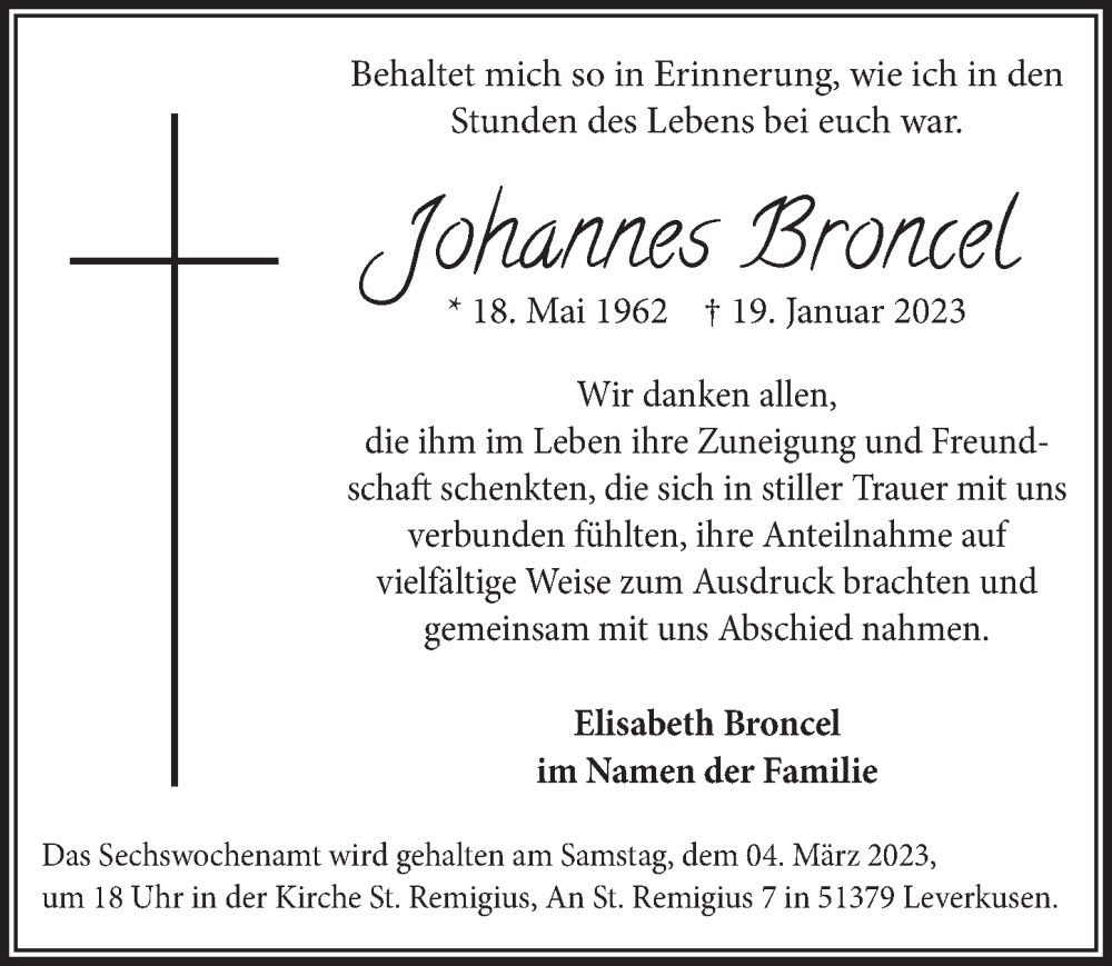  Traueranzeige für Johannes Broncel vom 24.02.2023 aus  Lokale Informationen 