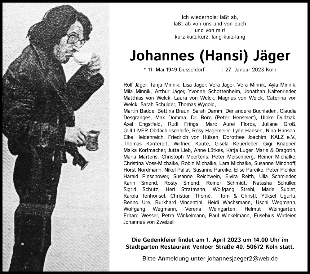  Traueranzeige für Johannes Jäger vom 25.02.2023 aus Kölner Stadt-Anzeiger / Kölnische Rundschau / Express