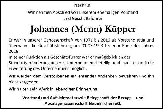 Anzeige von Johannes Küpper von Kölner Stadt-Anzeiger / Kölnische Rundschau / Express