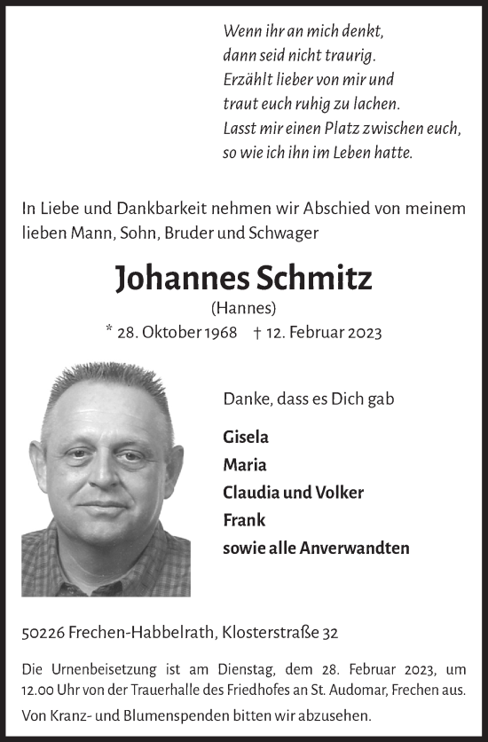 Anzeige von Johannes Schmitz von  Wochenende 