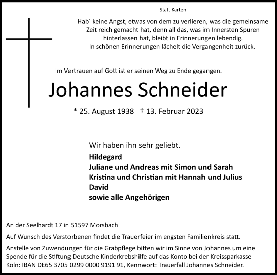 Anzeige von Johannes Schneider von Kölner Stadt-Anzeiger / Kölnische Rundschau / Express