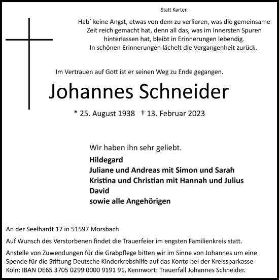 Anzeige von Johannes Schneider von  Lokalanzeiger 