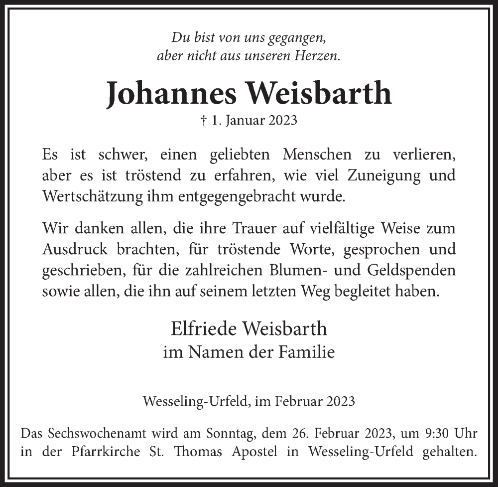  Traueranzeige für Johannes Weisbarth vom 17.02.2023 aus  Schlossbote/Werbekurier 