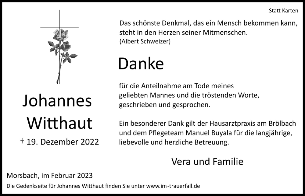  Traueranzeige für Johannes Witthaut vom 03.02.2023 aus  Lokalanzeiger 